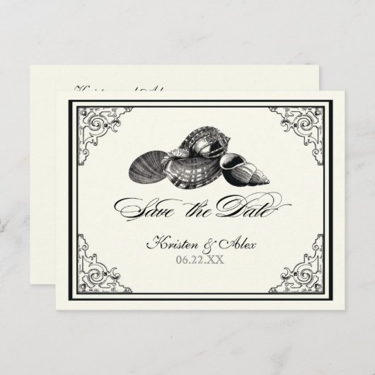 Classic Shells Black Cream Save the Date Briefkaar Aankondigingskaart (Voorkant / Achterkant)