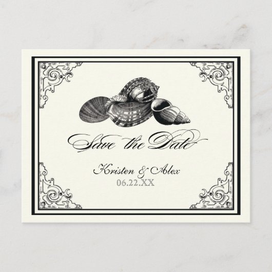 Classic Shells Black Cream Save the Date Briefkaar Aankondigingskaart (Voorkant)