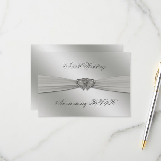 Classic Silver 25th Wedding Jubileum RSVP Kaartje (Voorkant / Achterkant in situ)