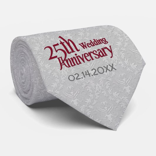 Classic Silver Damask 25th Wedding Jubileum Stropdas (Opgerold)