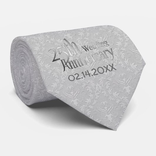 Classic Silver Damask 25th Wedding Jubileum Stropdas (Opgerold)