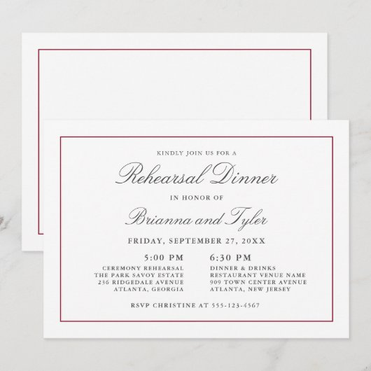 Classic Simple Elegance Wedding Rehearsal Dinner Kaart (Voorkant / Achterkant)