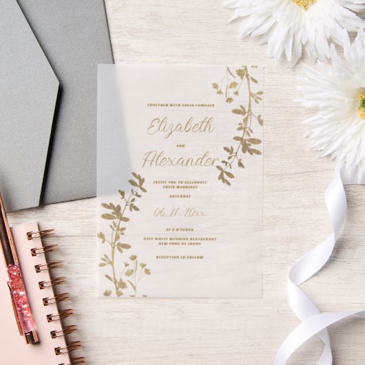 Classic simple elegant gold floral Wedding Vellum Uitnodigingen (Huwelijk)