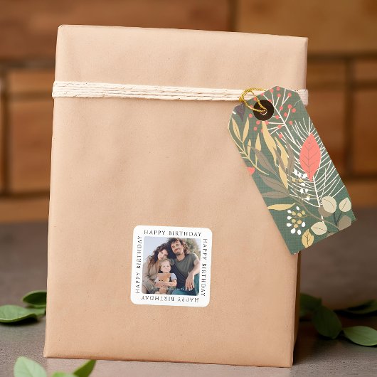 Classic Simple Happy Birthday Family Photo Vierkante Sticker