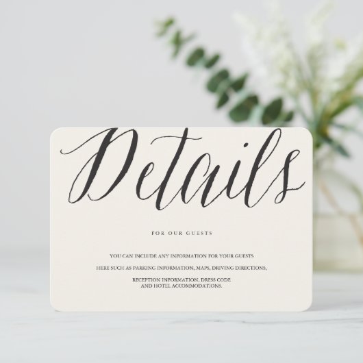 Classic Simple Script Modern Chic Wedding Details Informatiekaartje (Staand voorkant)