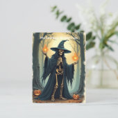 Classic Skeleton Witch Halloween Groet Vintage Briefkaart (Staand voorkant)