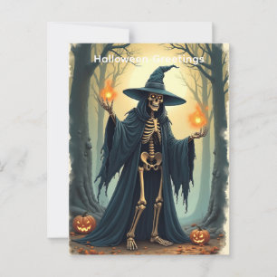 Classic Skeleton Witch Halloween Groet Vintage Briefkaart