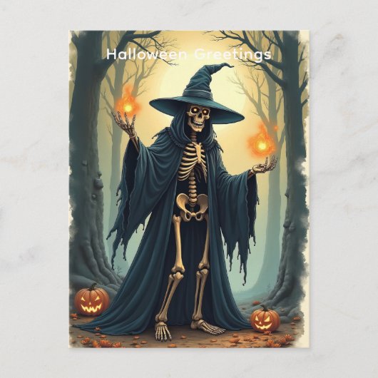 Classic Skeleton Witch Halloween Groet Vintage Briefkaart (Voorkant)