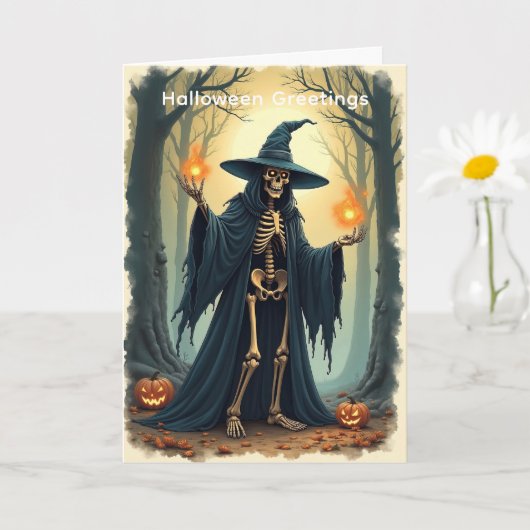 Classic Skeleton Witch Halloween Groet Vintage Kaart (Kleine Plant)