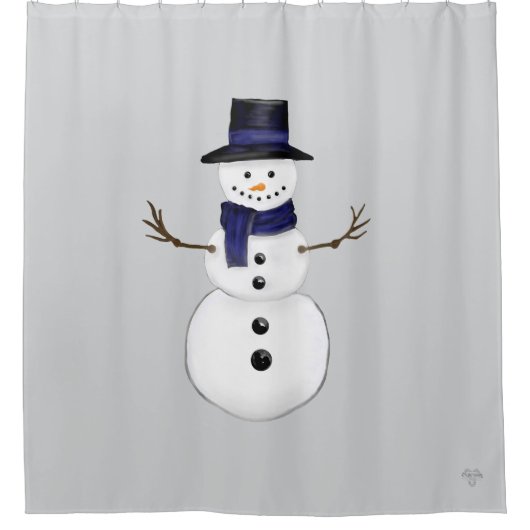 Classic Snowman with Dark Blue Scarf on Gray Douchegordijn (Voorkant)