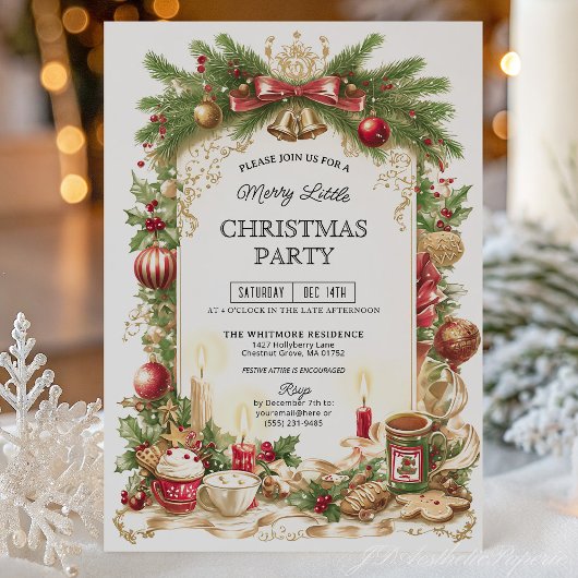 Classic Stripe Red Bow Christmas Party Invitation Kaart