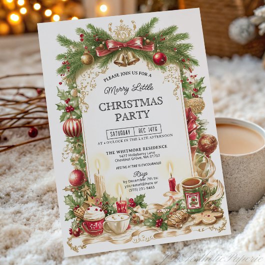 Classic Stripe Red Bow Christmas Party Invitation Kaart