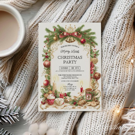 Classic Stripe Red Bow Christmas Party Invitation Kaart