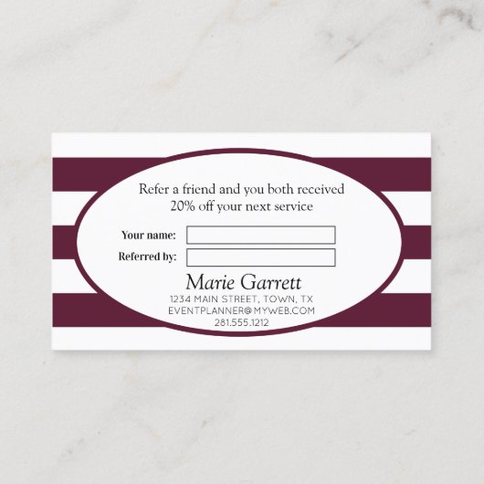 Classic Stripes Maroon Verwijs Een Vriend Aanbevelingskaartje (Achterkant)