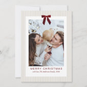 Classic Stripes Red Bow Frame Christmas Photo Feestdagenkaart (Voorkant)