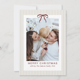 Classic Stripes Red Bow Frame Christmas Photo Feestdagenkaart