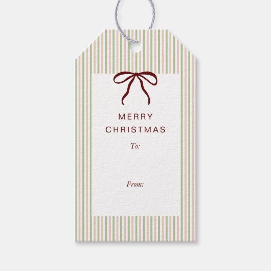 Classic Stripes Red Bow Merry Christmas Cadeaulabel (Voorkant)
