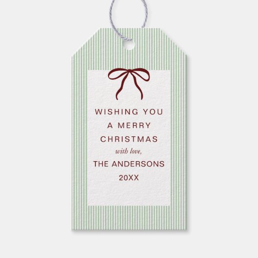 Classic Stripes Red Bow Merry Christmas Cadeaulabel (Voorkant)