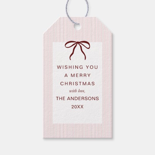Classic Stripes Red Bow Merry Christmas Cadeaulabel (Voorkant)