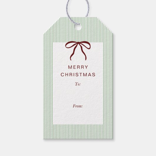 Classic Stripes Red Bow Merry Christmas Cadeaulabel (Voorkant)