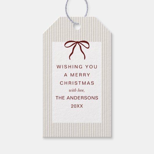 Classic Stripes Red Bow Merry Christmas Cadeaulabel (Voorkant)