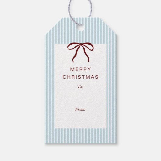 Classic Stripes Red Bow Merry Christmas Cadeaulabel (Voorkant)