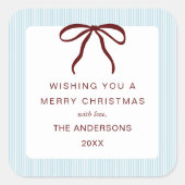 Classic Stripes Red Bow Merry Christmas Vierkante Sticker (Voorkant)