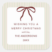 Classic Stripes Red Bow Merry Christmas Vierkante Sticker (Voorkant)