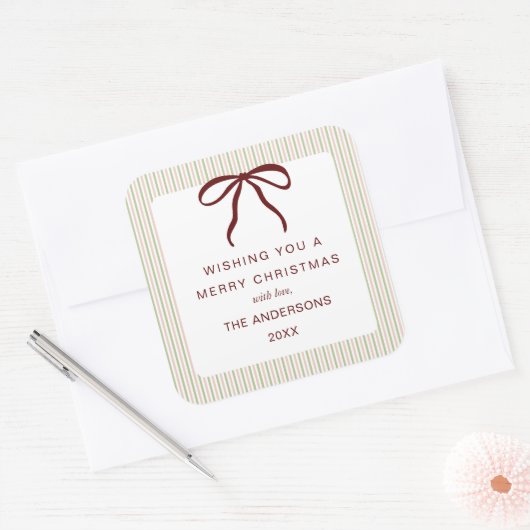 Classic Stripes Red Bow Merry Christmas Vierkante Sticker (Envelop)