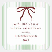 Classic Stripes Red Bow Merry Christmas Vierkante Sticker (Voorkant)