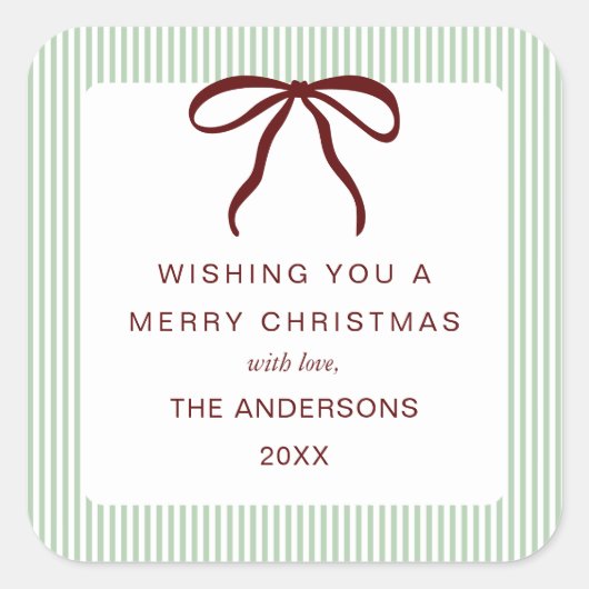 Classic Stripes Red Bow Merry Christmas Vierkante Sticker (Voorkant)