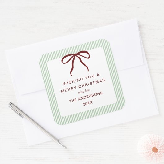 Classic Stripes Red Bow Merry Christmas Vierkante Sticker (Envelop)