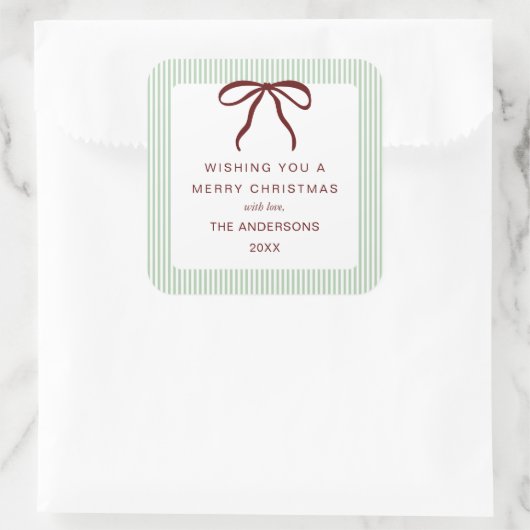 Classic Stripes Red Bow Merry Christmas Vierkante Sticker (Tas)
