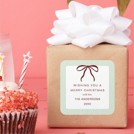 Classic Stripes Red Bow Merry Christmas Vierkante Sticker (Feest)