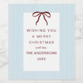 Classic Stripes Red Bow Merry Christmas Wijn Etiket (Enkel label)