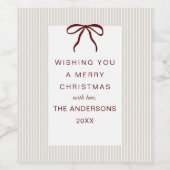 Classic Stripes Red Bow Merry Christmas Wijn Etiket (Enkel label)