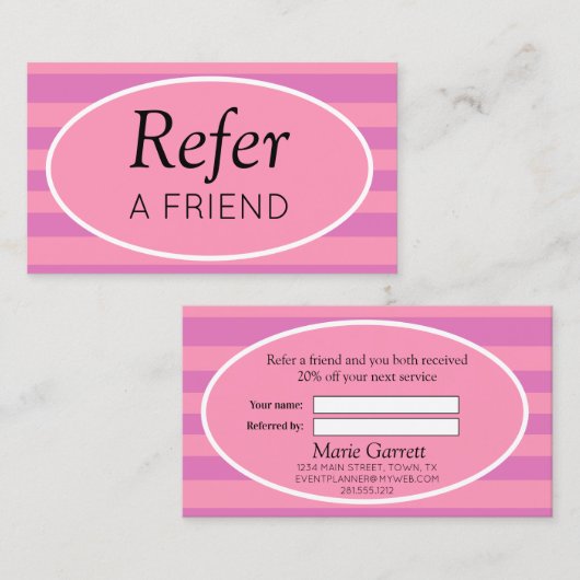 Classic Stripes Roze en Paarse Verwijs een vriend Aanbevelingskaartje (Voorkant / Achterkant)