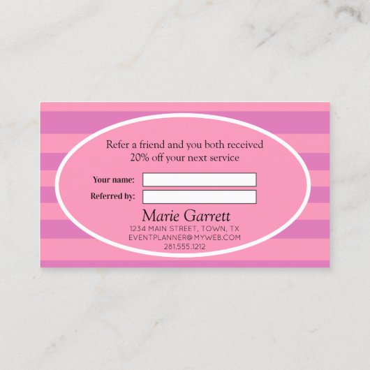 Classic Stripes Roze en Paarse Verwijs een vriend Aanbevelingskaartje (Achterkant)