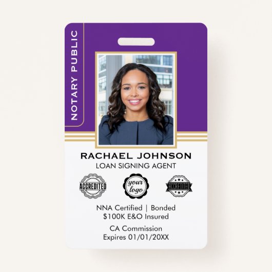 Classic Style Notary Signing Agent ID Purple Gold Badge (Voorkant)