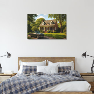 Classic Suburban Home with Vintage Car Wall Art Canvas Afdruk