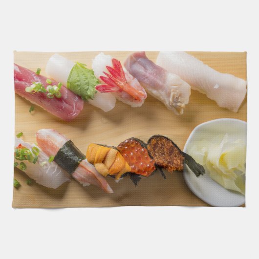 Classic Sushi Assortment on Wood Theedoek (Horizontaal)