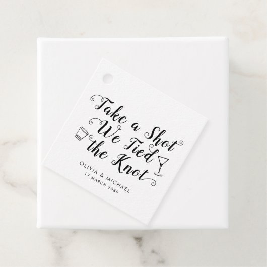 Classic Take A Shot Tied de knoop Bruiloft Drink Bedankjes Labels (In situ)