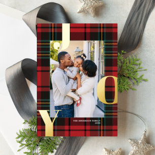 Classic Tartan JOY Holiday Photo Card FOIL  Folie Feestdagenkaart