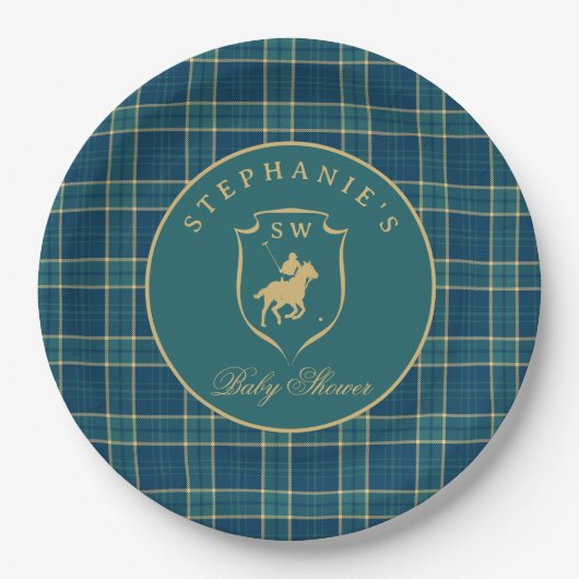 Classic Tartan Plaid Polo Equestrian Baby shower Papieren Bordje (Voorkant)