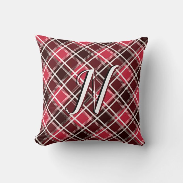 Classic Tartan Pset Red Black Monogram Aangepast Kussen (Voorkant)