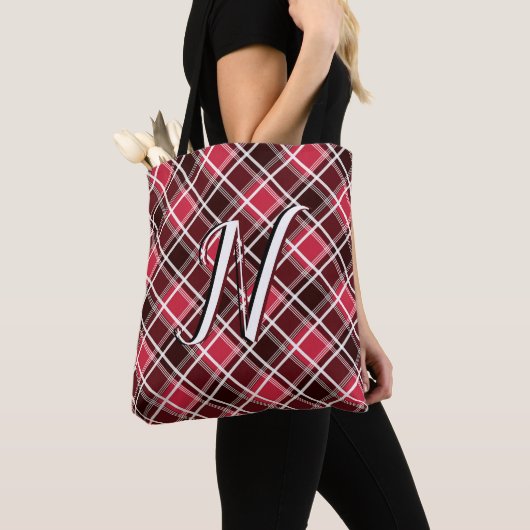 Classic Tartan Pset Red Black Monogram Aangepast Tote Bag (Dichtbij)