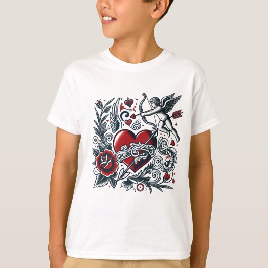 Classic Tattoo Liefde: Hart & Cupido T-Shirt Desig (Voorkant)