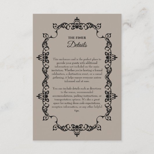 Classic Taupe Linen Brown Ornately Framed Wedding Informatiekaartje (Voorkant)