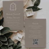 Classic Taupe Monogram Crest QR Code Wedding Kaart