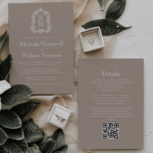 Classic Taupe Monogram Crest QR Code Wedding Kaart